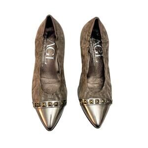 AGL Metallic Pointy Toe Suede Leather Flat Size Gray/Olive 37.5